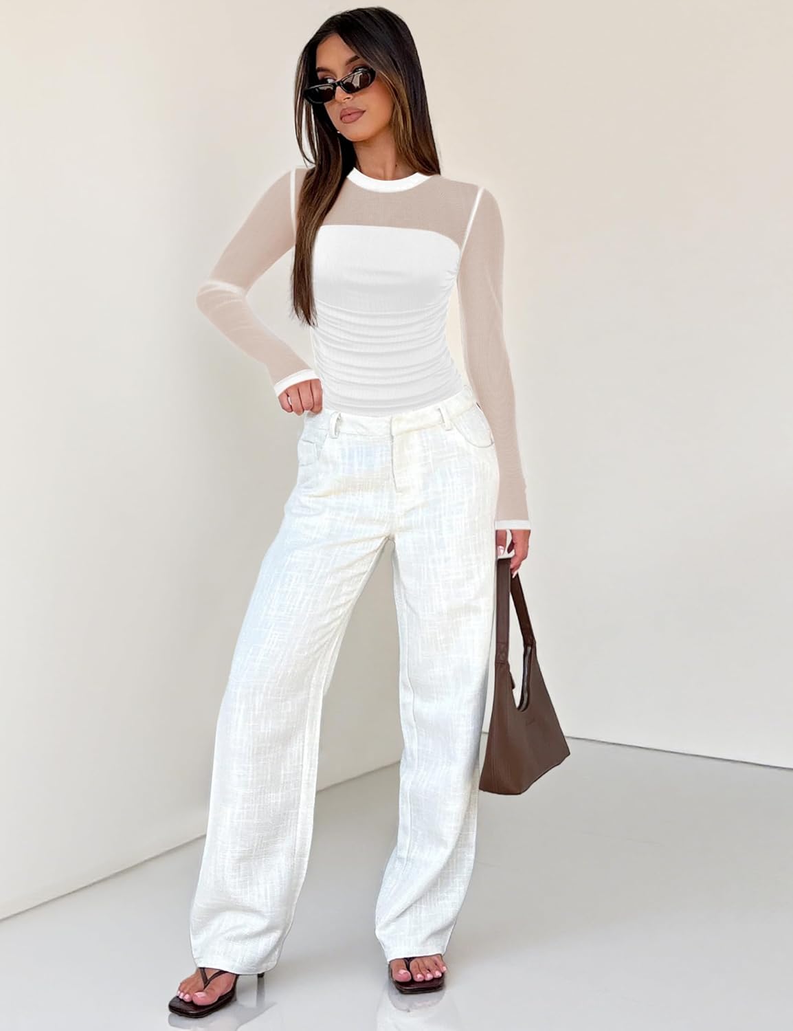 SAUNGKUAI Women's Mesh Long Sleeve Bodysuit Mock Neck Ruched Sheer Thong Body Suits Fall Outfits - Image 6