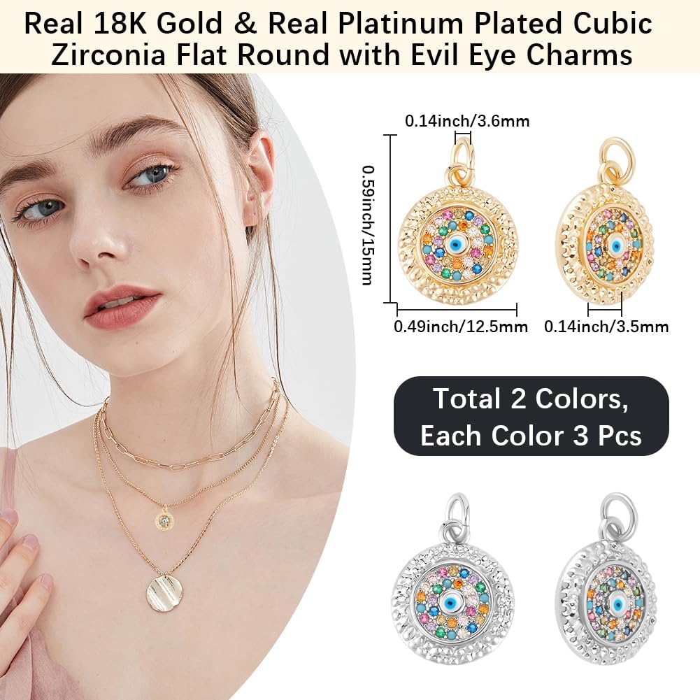 Beebeecraft 1 Box 6Pcs Cubic Zirconia Evil Eye Charm Real 18K Gold & Platinum Plated Brass Enamel Flat Round Lucky Eyes Charms with Jump Ring for Jewelry Making Pendants Earrings DIY Crafts image 2
