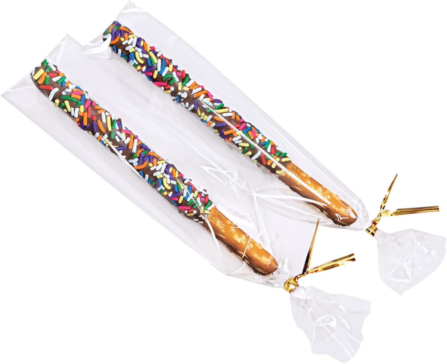 Wowfit 100 CT 2x10 Inch Clear Flat Cellophane Treat Bags with 4” Gold Twist Ties, Cello Packaging for Pretzel Rods, Cookies, Candies and Jewelry Wrappers