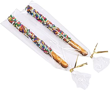 Wowfit 100 CT 2x10 Inch Clear Flat Cellophane Treat Bags with 4 Gold Twist Ties, Cello Packaging for Pretzel Rods, Cookies, Candies and Jewelry Wrappers