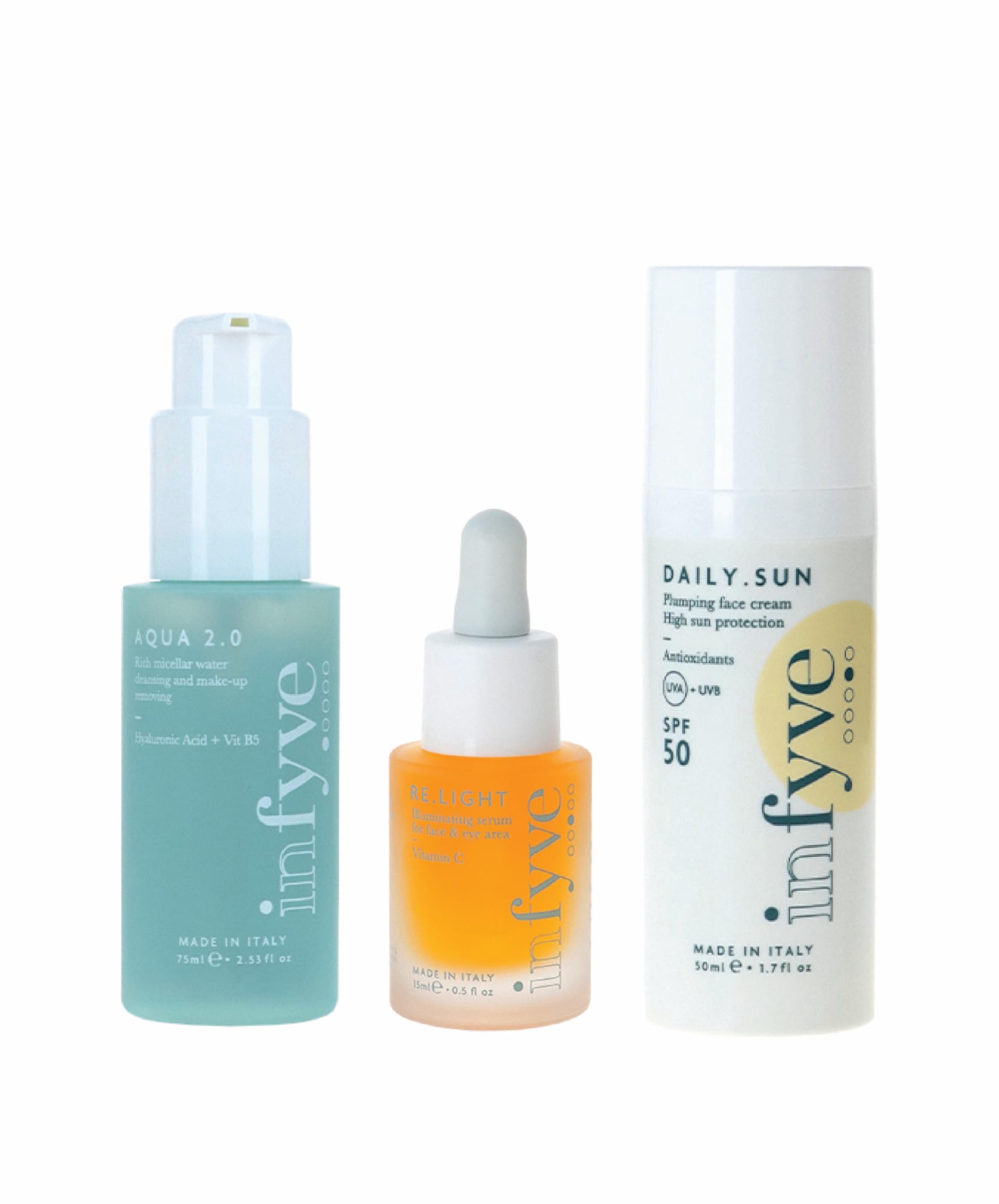 3 STEP TRAVEL SET | Set Estivo in 3 Step | Mini AQUA 2.0, Detergente Micellare + Mini RE.LIGHT, Siero Viso Illuminante + DAILY.SUN SPF50, Crema Viso Rimpolpante con Protezione Solare