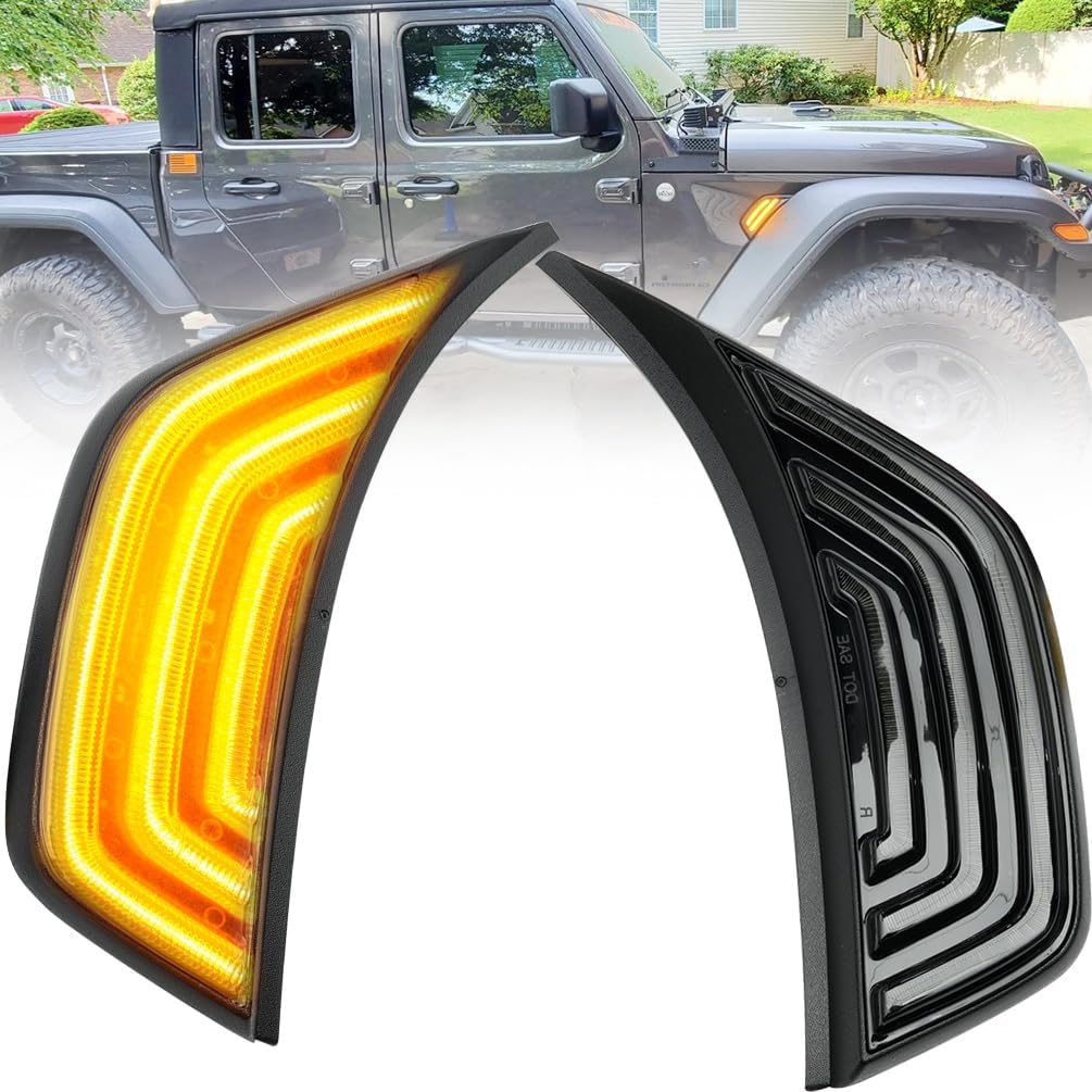 NJSBYL Front Fender Air Outlet Bezels for 2018-2023 J'eep Wrangler, 2020-2024 J'eep Gladiator Smokd Lens DIY Upgrade White LED Side Marker Lamps Switchback Sequential Amber LED Turn Signal Lights