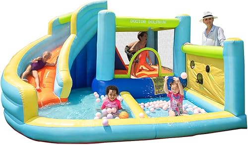 Doctor Dolphin Casa de rebote de agua, parque inflable de tobogán acuático para niños, patio trasero, diversión al aire libre de verano con pistola