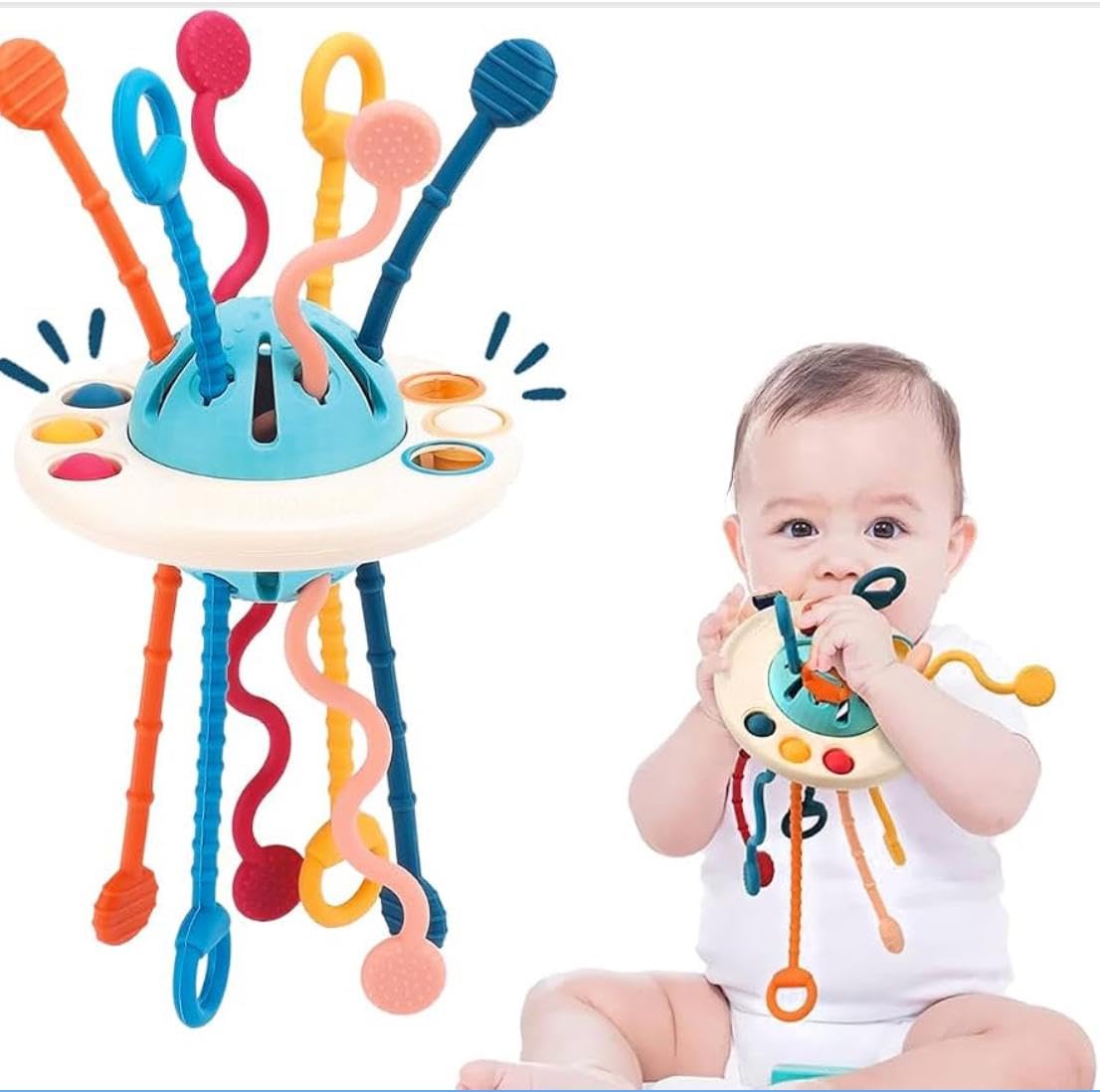 Pull String Sensory Toy for Toddlers | Teething Toy for Babies 6+ Months | Montessori Fine Motor Skills | Food Grade Silicone | UFO Shape | Gift for Baby Boy Girl Toddler-image-24