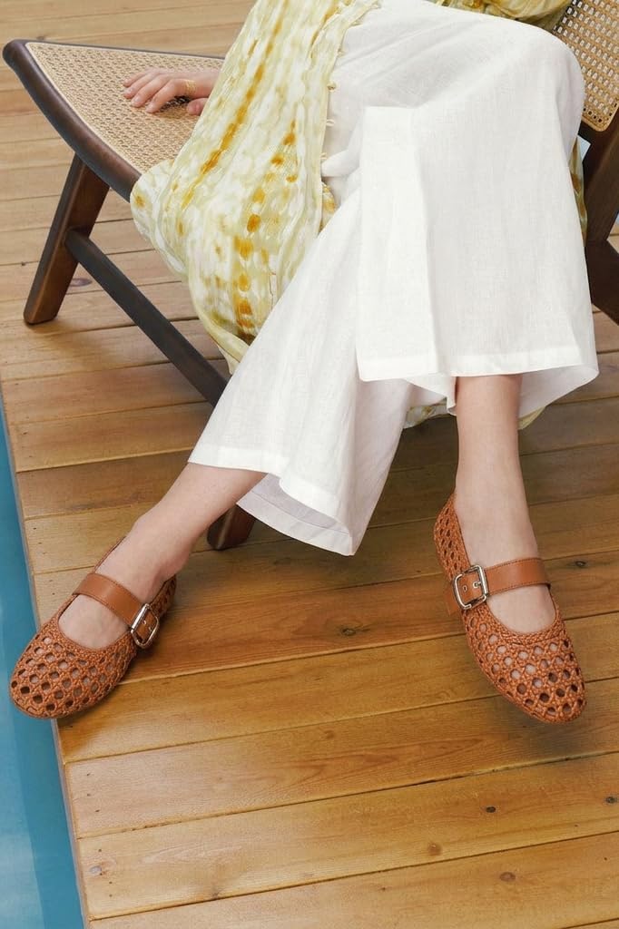 Brown Woven Mary Jane Flats for Women Mesh Ballet Flats Dressy Comfortable Ballerina Flat with Round Toe Adjustable Buckle Strap