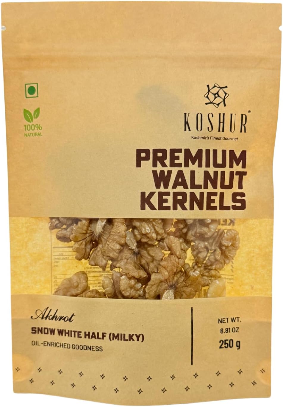 Koshur Kashmiri Walnut Kernels Snow White Half Milky 250g (Pack of 1), Pure & Natural Akhrot, High in Protein, Vitamins, Omega 3 Fatty Acids, Premium Dry Fruits and Nuts