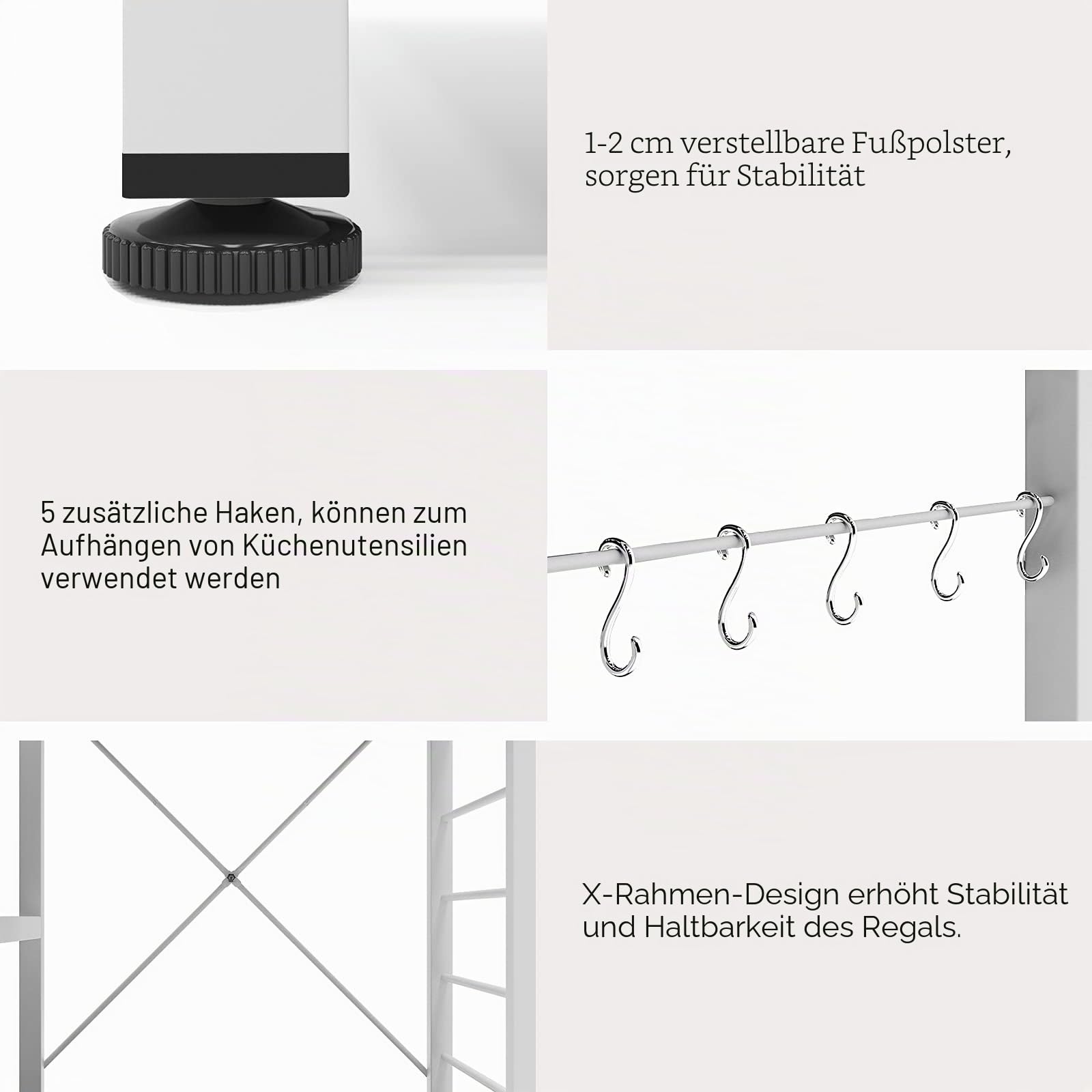 SogesPower 3-stöckiges Küchenregal Backregal Mikrowellenregal 3 Ebenen Regal mit S-Haken Küchenhelfer Gewürzregal für Ihre Küche 90 x 40 x 83 cm