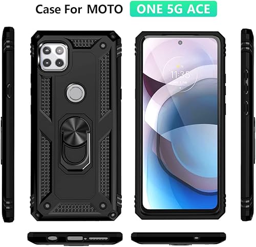 Miniatura 3 de Funda para Moto One 5G Ace, con protector de pantalla HD, grado militar anillo de montaje en coche con soporte híbrido de policarbonato duro de