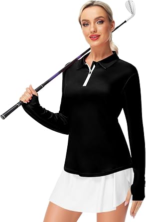 AOBUTE Womens Long Sleeve Golf Shirts Zip Polo Tennis Top with Thumb Hole