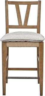Counter Height Slat Back Chair Set of 2 Almond Solid Wood Counter Height Dining Chairs with Rush Woven Seat and Tie-On Cushions Hickory Veneer for Kitchen Island