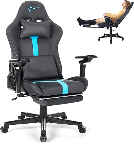 Silla de juegos con reposabrazos ajustables 6D y reclinable de 155, tela de gamuza transpirable, silla de PC con reposapiés. (gris oscuro-azul)