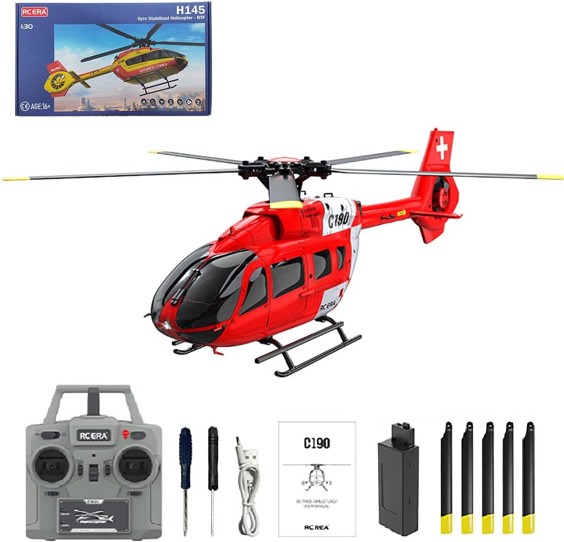 C190 RC Helicopter for Adults, 1/30 Scale H145 2.4G 6CH Single-Rotor Gyroscopic Flying Helicopter with 6-axis Gyroscope and Dual Brushless Motors for Beginners - 3 Battery