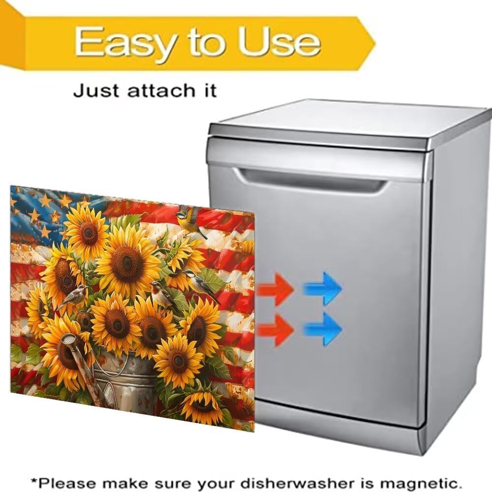 Patriotic Flag Floral Kitchen Fridge Magnet Cover Vintage Watering can Blooming Sunflower Magnet Dishwasher Door Cover Fridge Magnet Decal Plate Dishwasher Door Sticker 23" x 17" Magnetic