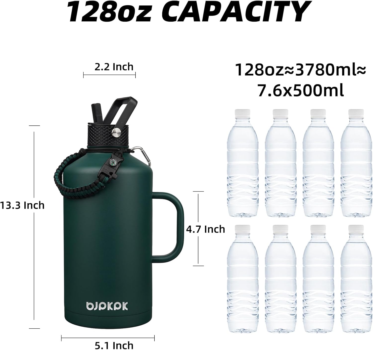 BJPKPK 1 Gallon Water Bottle Insulated with Straw Lid, 128oz Large, Stainless Steel Water Bottles with 3 Lids and Paracord Strap, Double Wall Vacuum Metal Water Jug,Army Green - Image 5