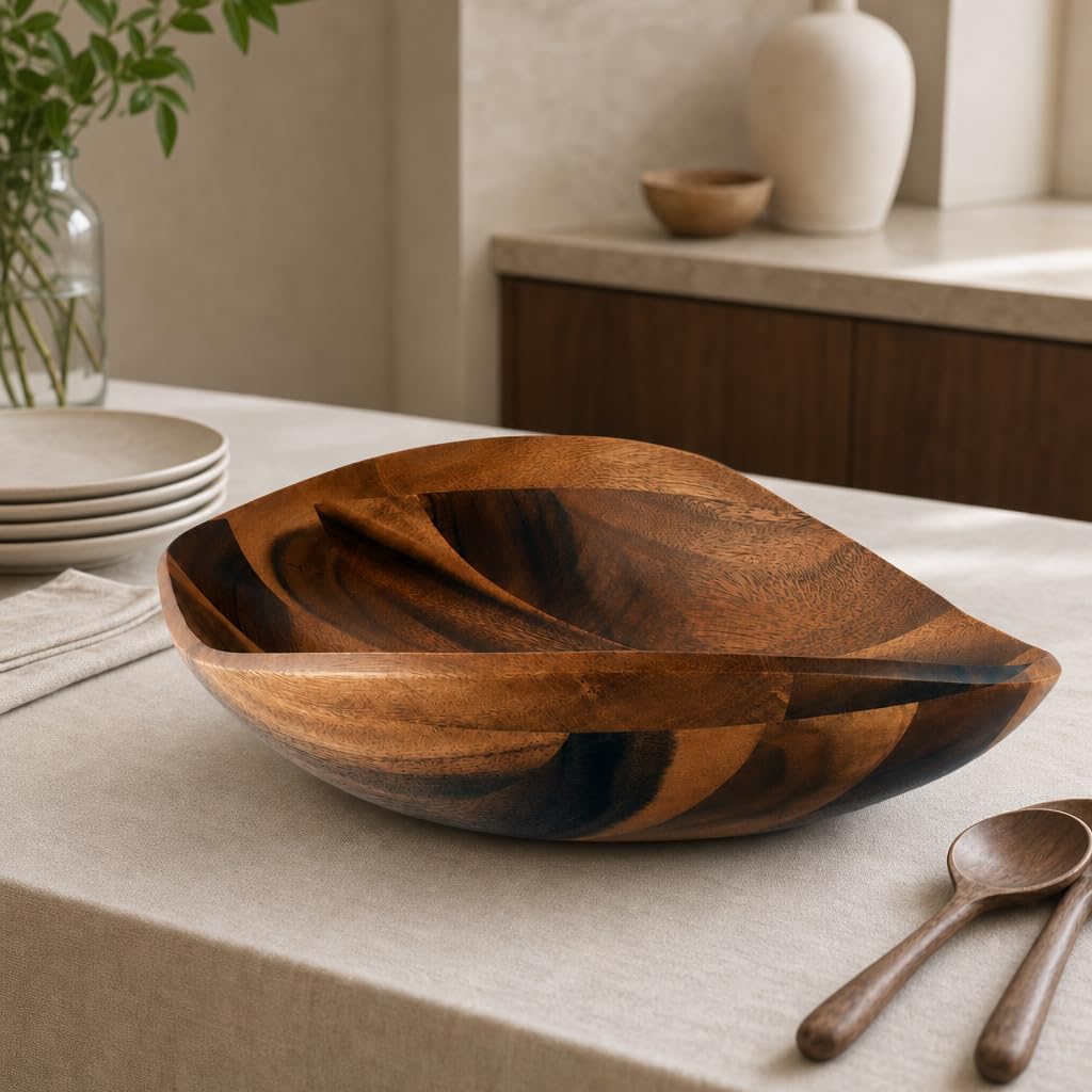 Arthur Court Cuenco de madera para servir ensalada de acacia para frutas o ensaladas – Tazón moderno de centro – Tallado a mano de una pieza de madera