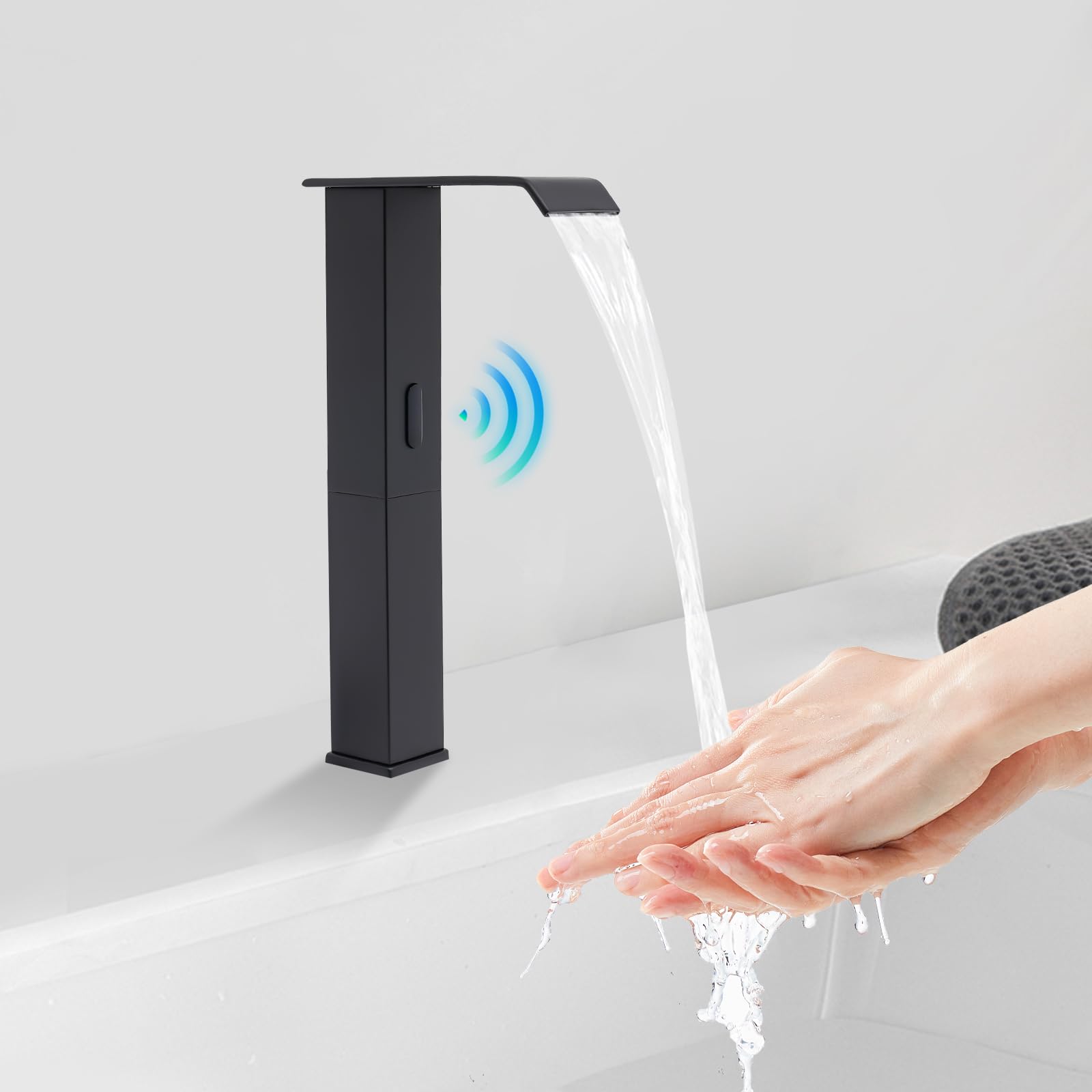 Grifo de latón con sensor infrarrojo alto, grifo de lavabo automático con válvula de temperatura ajustable, grifo mezclador sin contacto (negro)