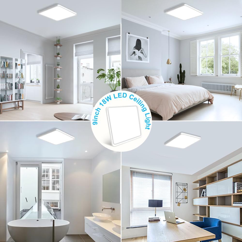 inShareplus LED Flush Mount Ceiling Light Fixture, 9 Inch 18W 5000K Daylight White, 1800LM Square Super Bright Ceiling Lamp Lighting, IP 40 Flat Modern Lights for Bedroom, Kitchen, Closet, Office