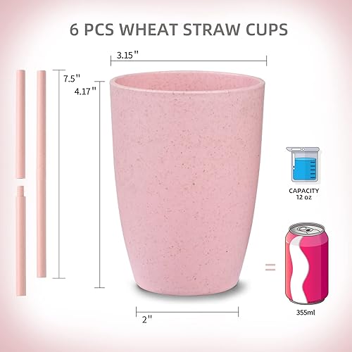 Miniatura 2 de Wogreenmo Juego de 6 vasos de paja de trigo de 12 onzas, vasos de plástico irrompibles con pajita de trigo, reutilizables, aptos para lavavajillas,
