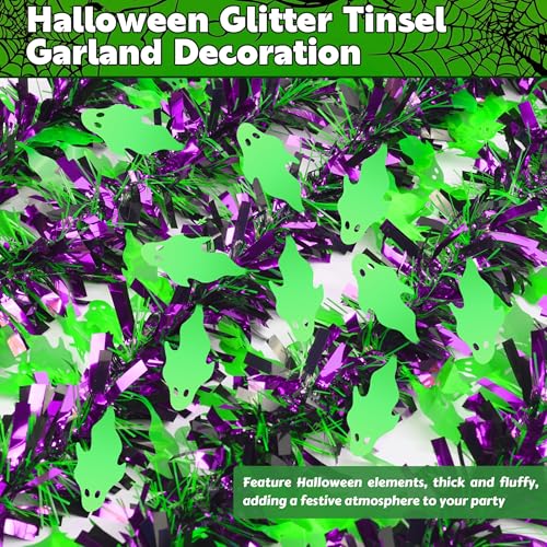 Image of 50 FT Halloween Tinsel Garland, Thick Glitter Tinsel Garland Hanging Streamers Green Ghost Metallic Holiday Tinsel Hanging Oranment for Halloween Party Supplies Indoor Outdoor Decoration