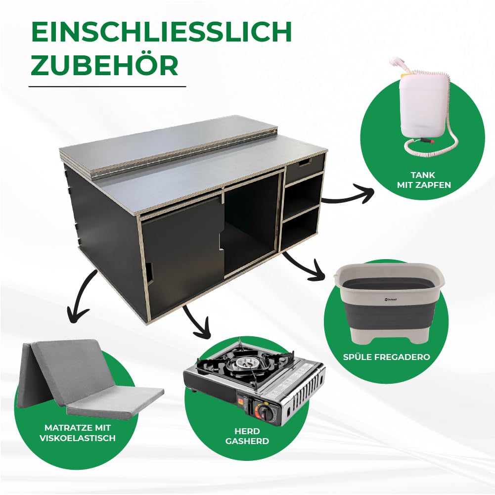 Mini Camper-Möbel-Set für Rifter, Partner, Combo, Proace City, Berlingo und Doblò, mit Zubehör und Matratze (lange Version)