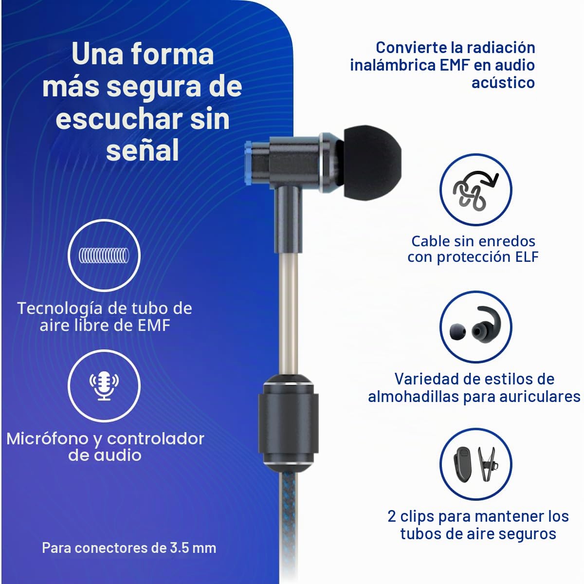 DefenderShield Auriculares sin EMF - Auriculares estéreo universales antiradiación con Cable con micrófono y Control de Volumen - Funciona con iPhone