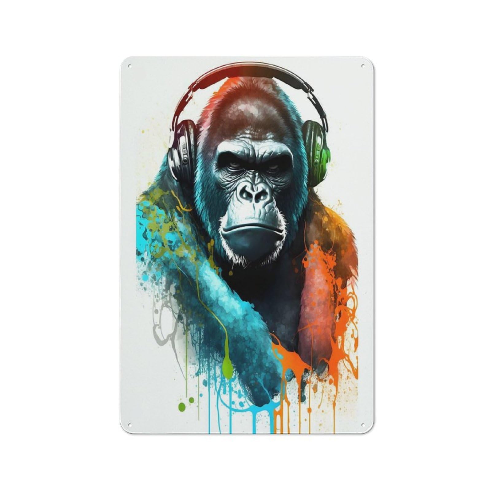 Tin Wall Plaque 30x20cm with Gorilla Music Painting for Café Or Home Bar, New-space Wall Decor for Hospitality Decor Collectors