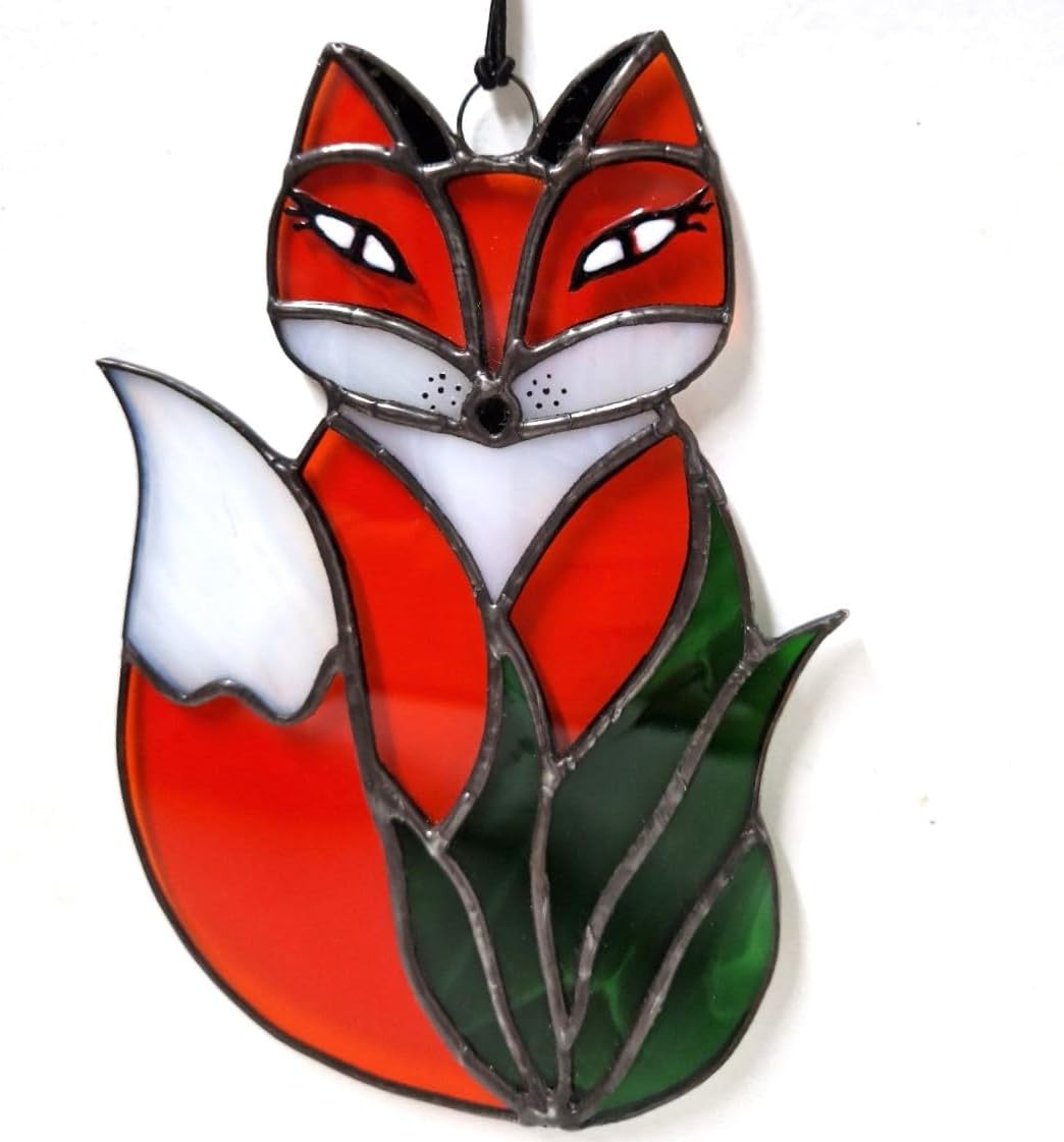 Red Fox Stained Glass Suncatcher Window Panel Hanging Lovely Wild Animal Ornament