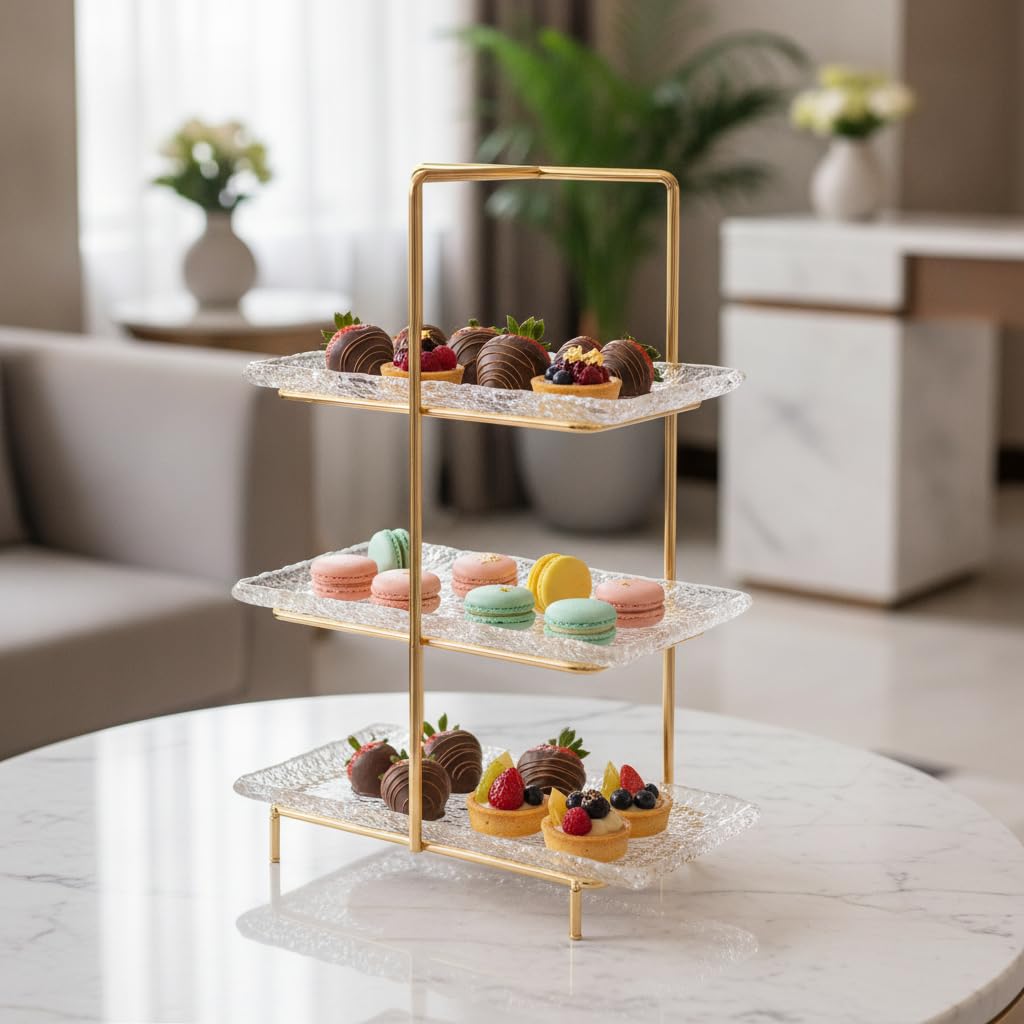 Alzatina per Dolci in Vetro e Ferro Dorato, Alzate per Buffet 4 Livelli, Espositore da Tavola per Dessert e Frutta, Vassoio da Portata Elegante , Lusso leggero, retrò, tre strati