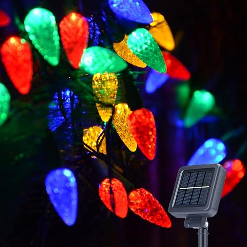 Miniatura 10 de Luces solares de Navidad para exteriores, cadena de luces C6 de fresa, luces de Mardi Gras, 100 LED, 8 modos, impermeable, uso al aire libre, para