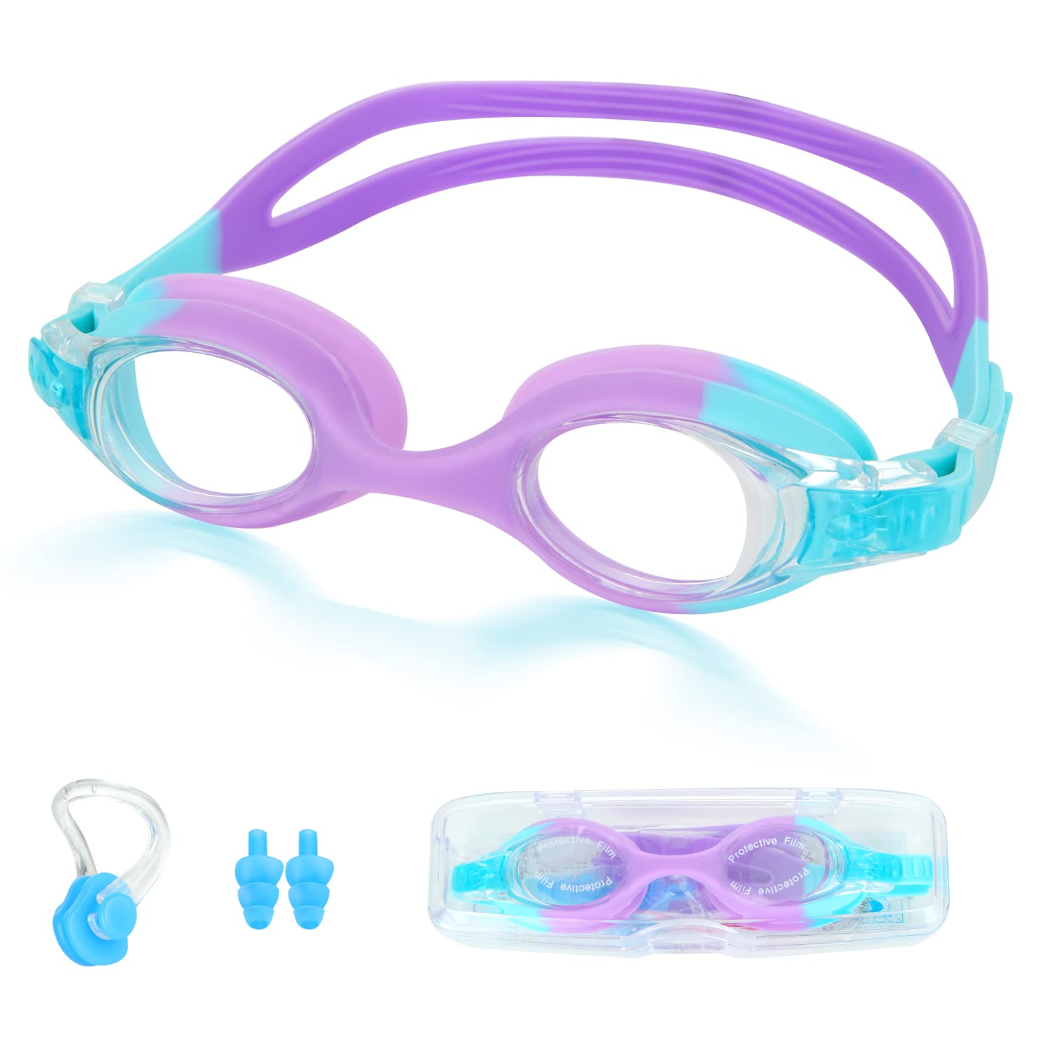 Lychico Kids Swimming Goggles, Goggles Anti-Fog UV Resist Leak Proof for Boys Girls, Childrens Comfortable Food Grade Silicone (Age 3-14), Lake Blue & Purple