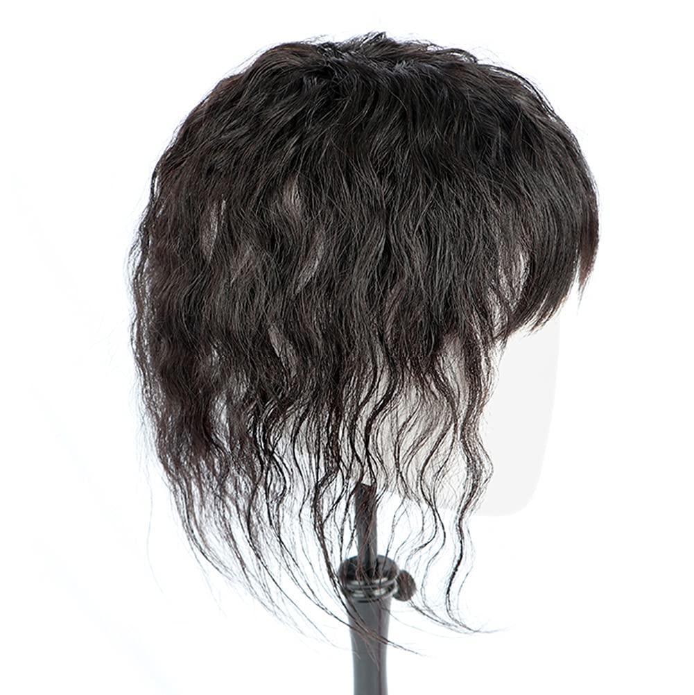 YYDS Fluffy Messy Human Hair Topper Wig with bangs Increase the amount of hair on the top of the head to cover the white hair Hairpiece (14x15 15CM Dark Brown)