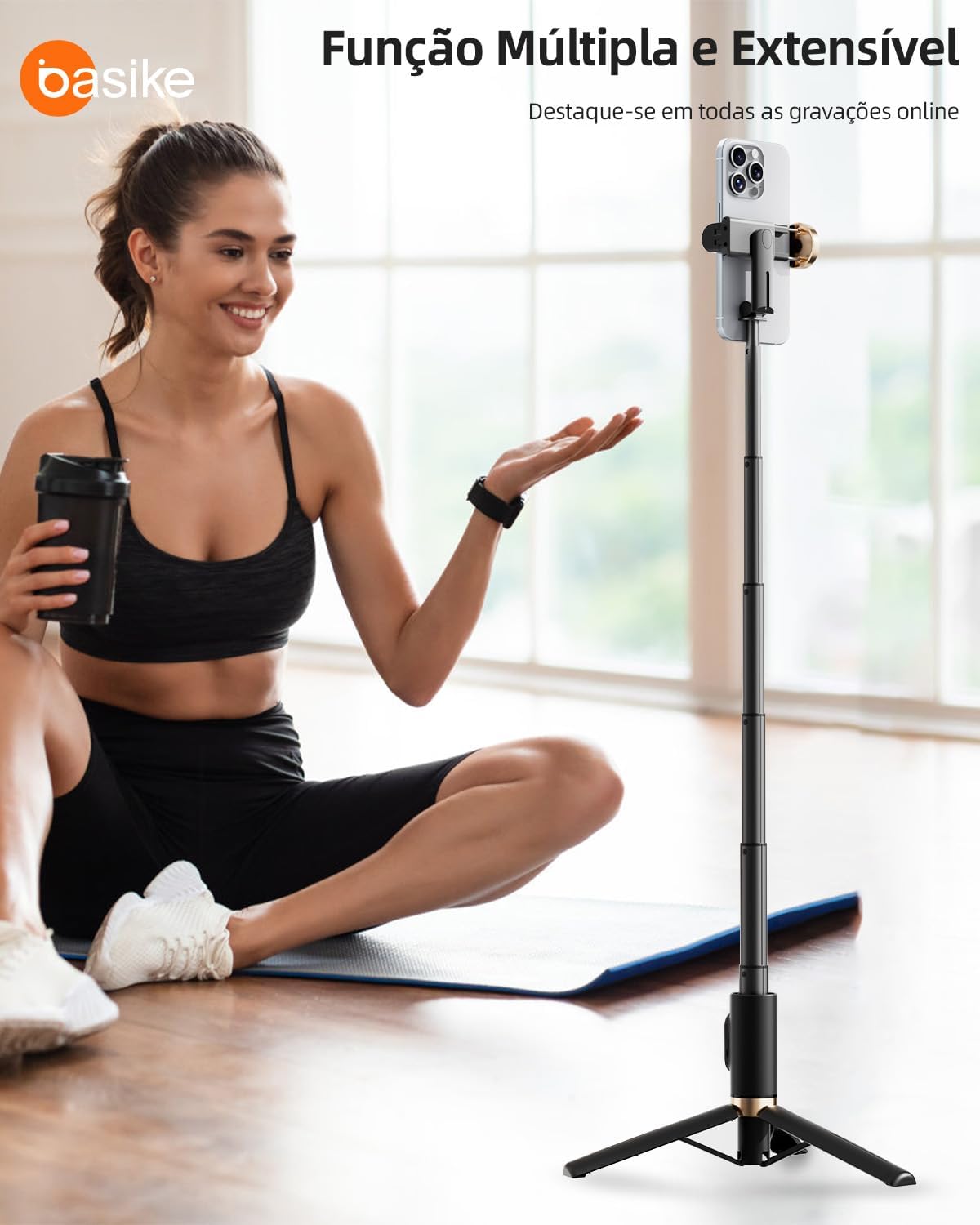 Basike Tripé para Celular 3 em 1 73cm – Bastão de Selfie Dobrável Portátil com Controle Remoto, Rotação 360°, Base Triangular Reforçada, Pau de Selfie Compatível com iPhone e Android – Preto