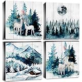Winter Mountain Wall Decor Teal Forest Wall Art Canvas Prints Deer Pictures for Bedroom Bathroom...