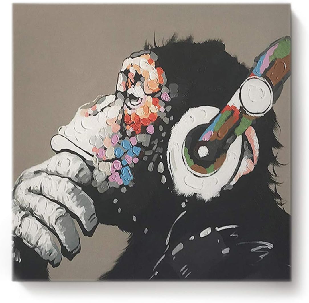 Exclusive Special Cool Ape Listening Music with Headphone Canvas Wall Art,Square Art Painting Artworks for Office Home Decor,Stretched by Wooden Frame,Ready to Hang,28 x 28 Inch