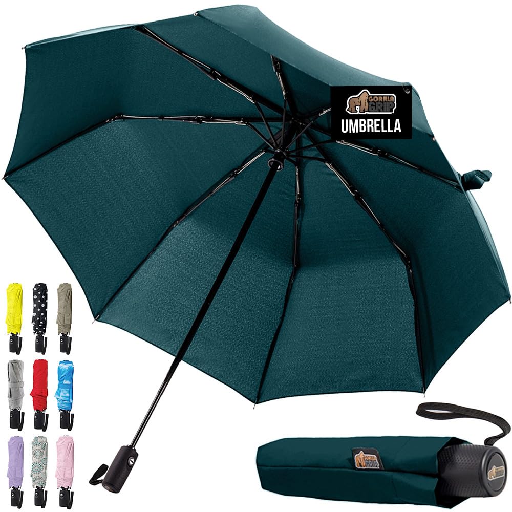 GORILLA GRIP Strong Stick Umbrella for Rain, Compact Travel One-Click Automatic Open Close, Lightweight, Portable, US Designed Reinforced Fiberglass Ribs, Wind Resistant, Easy Collapse, Hunter Green