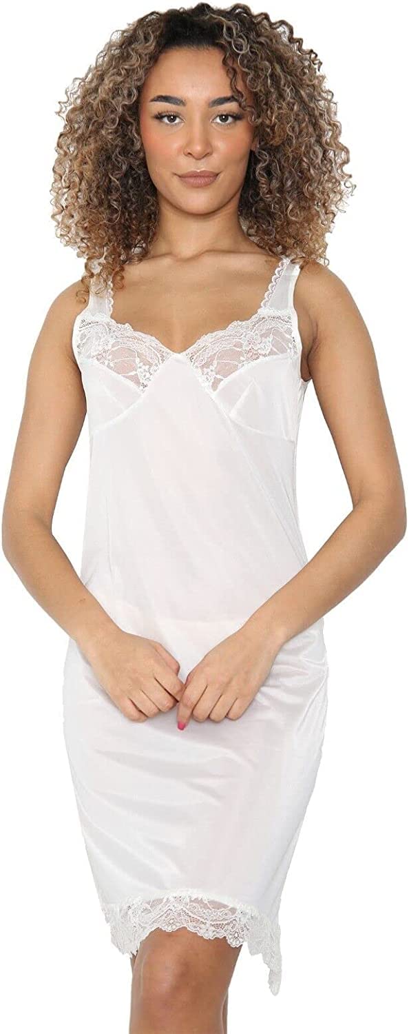 Axcent Comfort Women's White Full Slip Nighty Satin Nightdress For Nightshirt - Chemise Nightie Nightwear Nightgown Babydoll Sleepwear