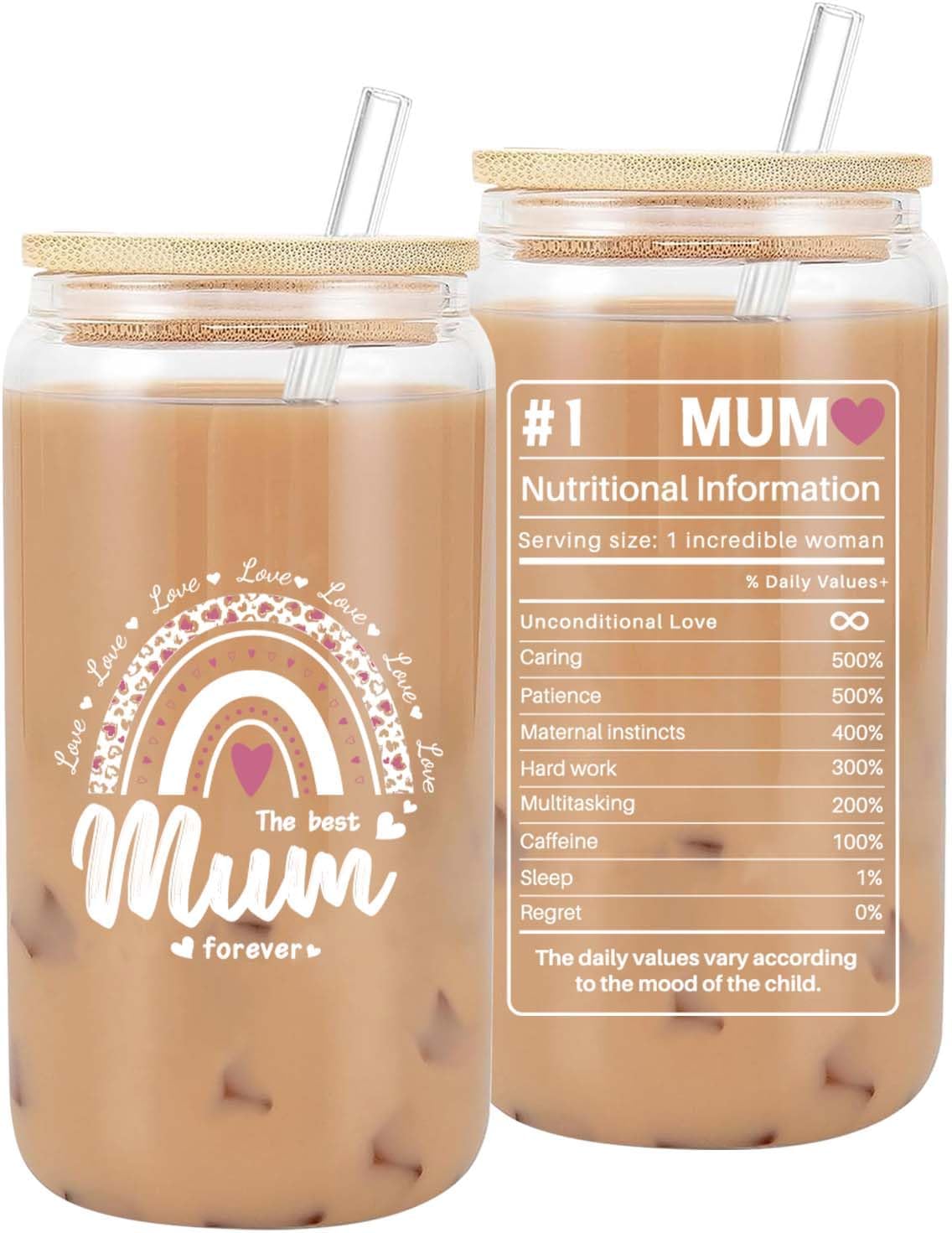 Gifts for Mum โ Mother Gifts, 16 oz Glass Cup, Mum Mug, Perfect for Mothers Birthday Gifts, Christmas, or Mother's Day. A Present from Daughters or Sons, Best Mum Gifts
