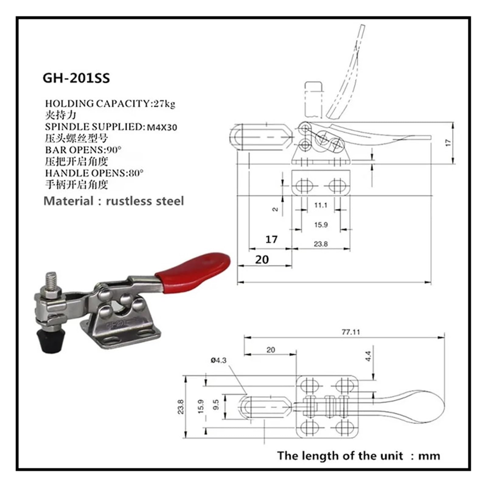 Morsetto a leva GH-201-SS Morsetto a ginocchiera a sgancio rapido in acciaio inossidabile Morsetto di fissaggio orizzontale Strumento a clip manuale GH-201SS(10PCS)