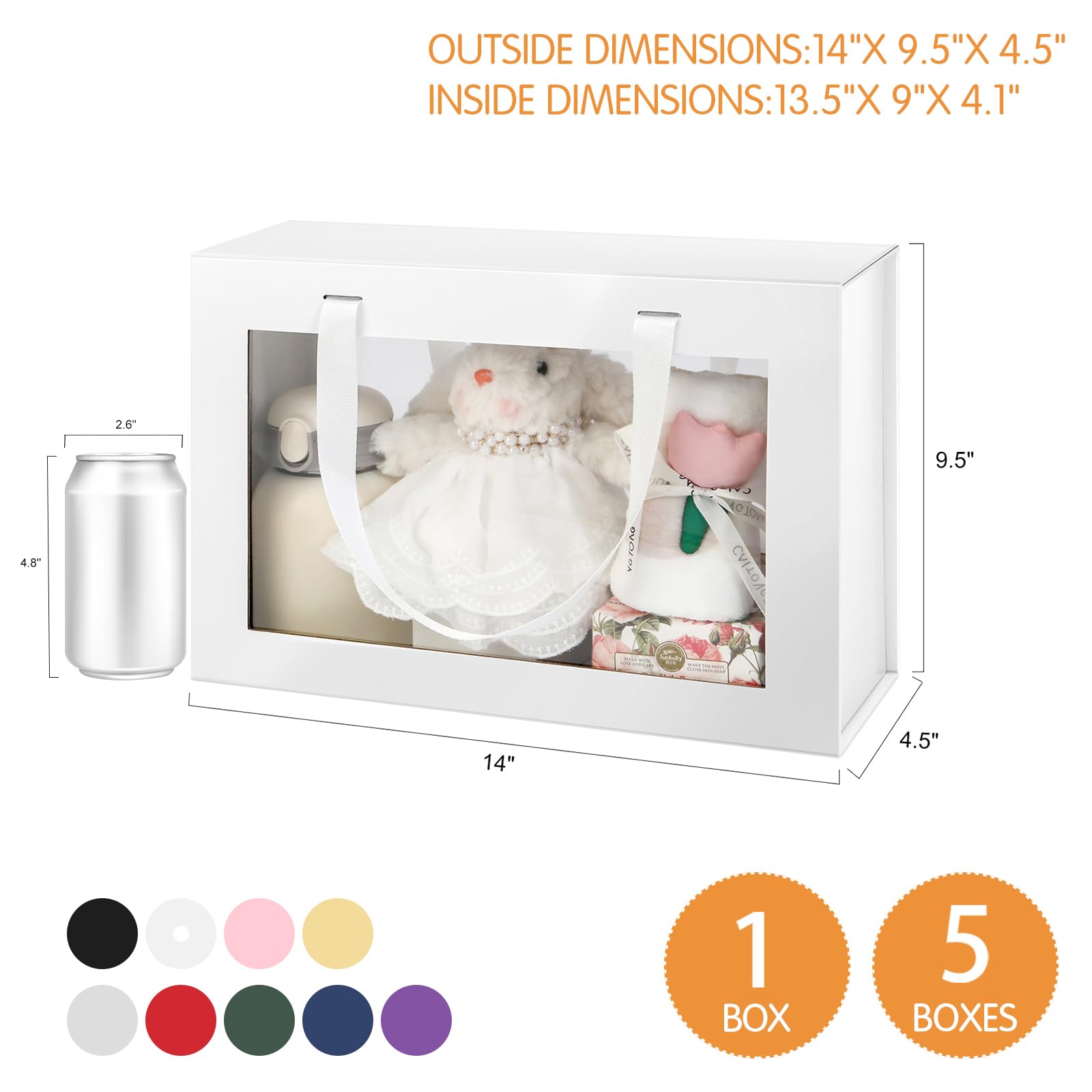 JINGUAN Große weiße transparente Geschenkboxen, 34,9 x 22,9 x 10,4 cm, Geschenkboxen mit Fenster von Griffen, für Brautjungfern, faltbare Geschenkbox mit Magnetverschluss (glänzendes Weiß, 5 Stück)