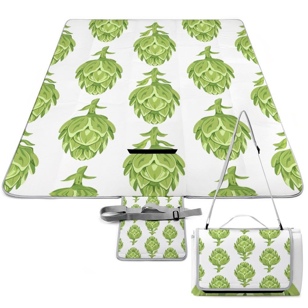 Couverture de pique-nique d'extérieur extra large, motif artichaut vert, imperméable, anti-sable avec bandoulière, lavable en machine, tapis de pique-nique, tapis de jeu, 147 x 147 cm