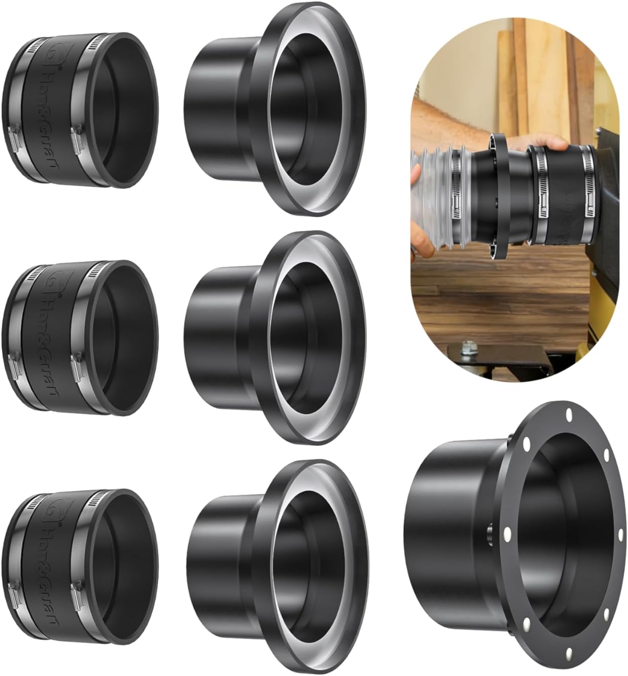 Hon&Guan 4" Magnetic Dust Collection Fittings Kit, Quick Connect Starter Set for Woodworking Machine Ports, 1 Magnetic Coupler + 3 Receiver Ports + 3 Rubber Cuffs Coupler, Fits 4" Dust Collector Hose
