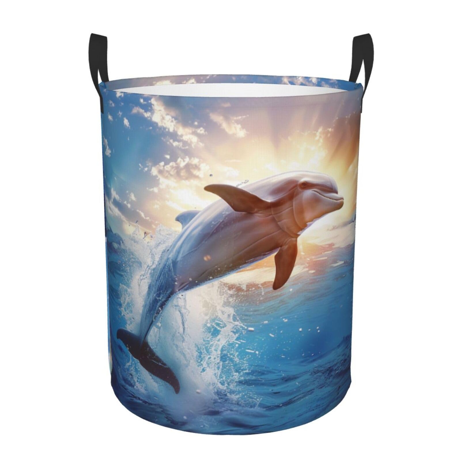 Funny Animal Dolphin Print Laundry Basket Freestanding, Oxford Fabric Foldable with Handle, Baskets Dirty Clothes Hamper for Bedroom, Bathroom,M