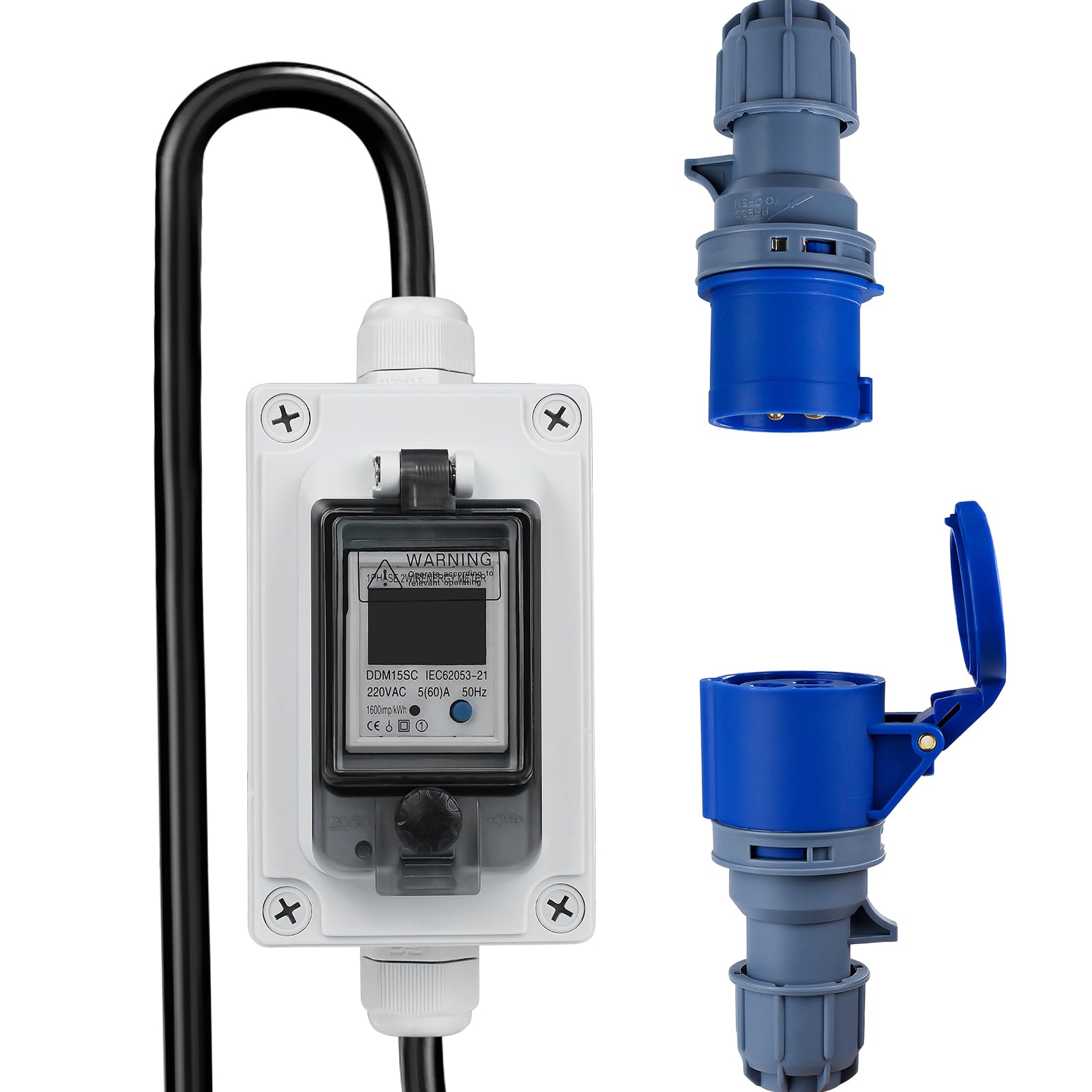 Jadeshay Contatore Energia Elettrica,230V 16A Misuratore Consumo Elettrico Mobile Contatore di Energia Impermeabile con Reset per Camper RV Auto Domestico con Spina CEE Industriale e 3 Metri Cavo