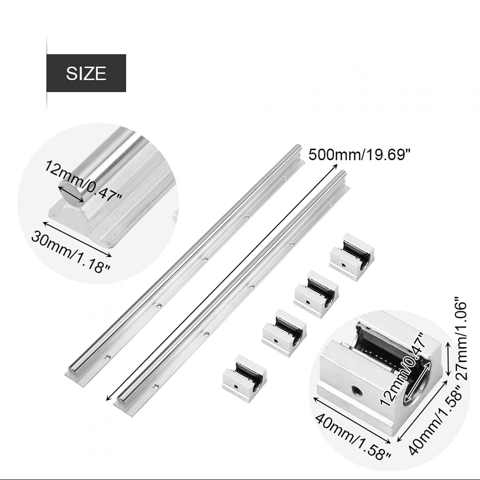 Guide linéaire, arbre de guidage sur rail, 2 pièces SBR12-500mm 12 MM arbre de guidage de glissière sur rail à roulement linéaire + 4 pièces SBR12UU blocs pour robot, calculatrice, enregistreur automa