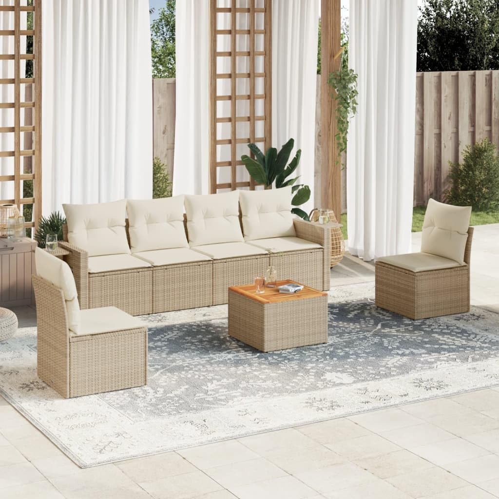 Salon de Jardin 7 pièces Beige en résine tressée avec Coussins modulables, canapé, Fauteuil, Pouf, Table en Acacia, idéal terrasse, Balcon, extérieur, Patio, Confort détente
