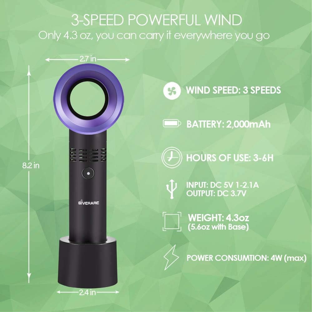 GIVERARE 2 Pack Bladeless Handheld Fan, Mini Portable Fan, USB Desk Fan, Personal Fan with USB Rechargeable Battery Operated, 3-6 Working Hours, 3 Speeds, for Kids Baby Travel Camping Office-Black
