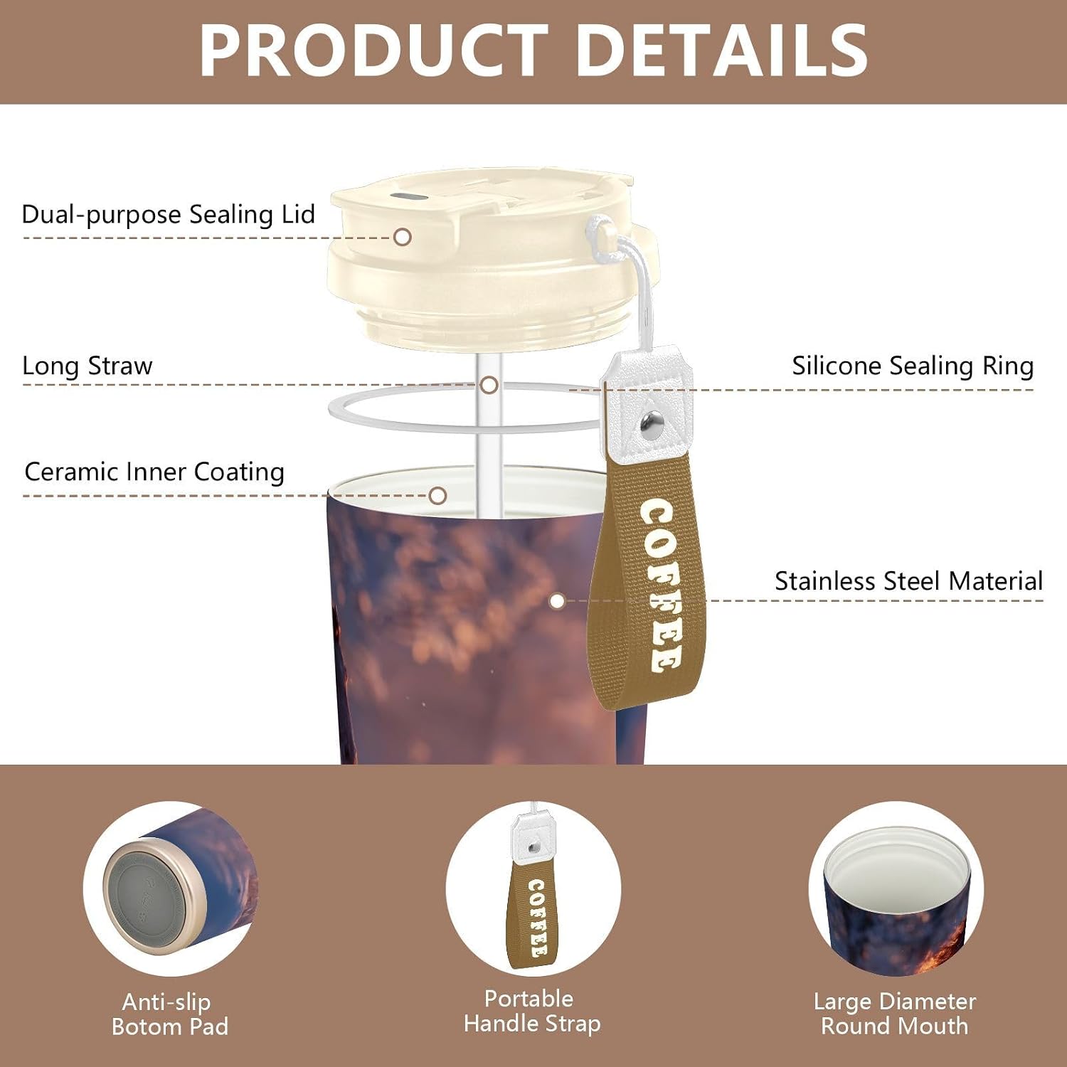 Horse Winter Insulated Coffee Mug with Straw & Flip Lid, 16.9oz Iced Tumbler Cup, Double Wall Vacuum Mug for Travel Office