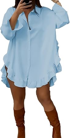 Halfword Women Button Down Shirts Oversized Ruffled Long Sleeve Casual Blouse Solid Color Slit Tops