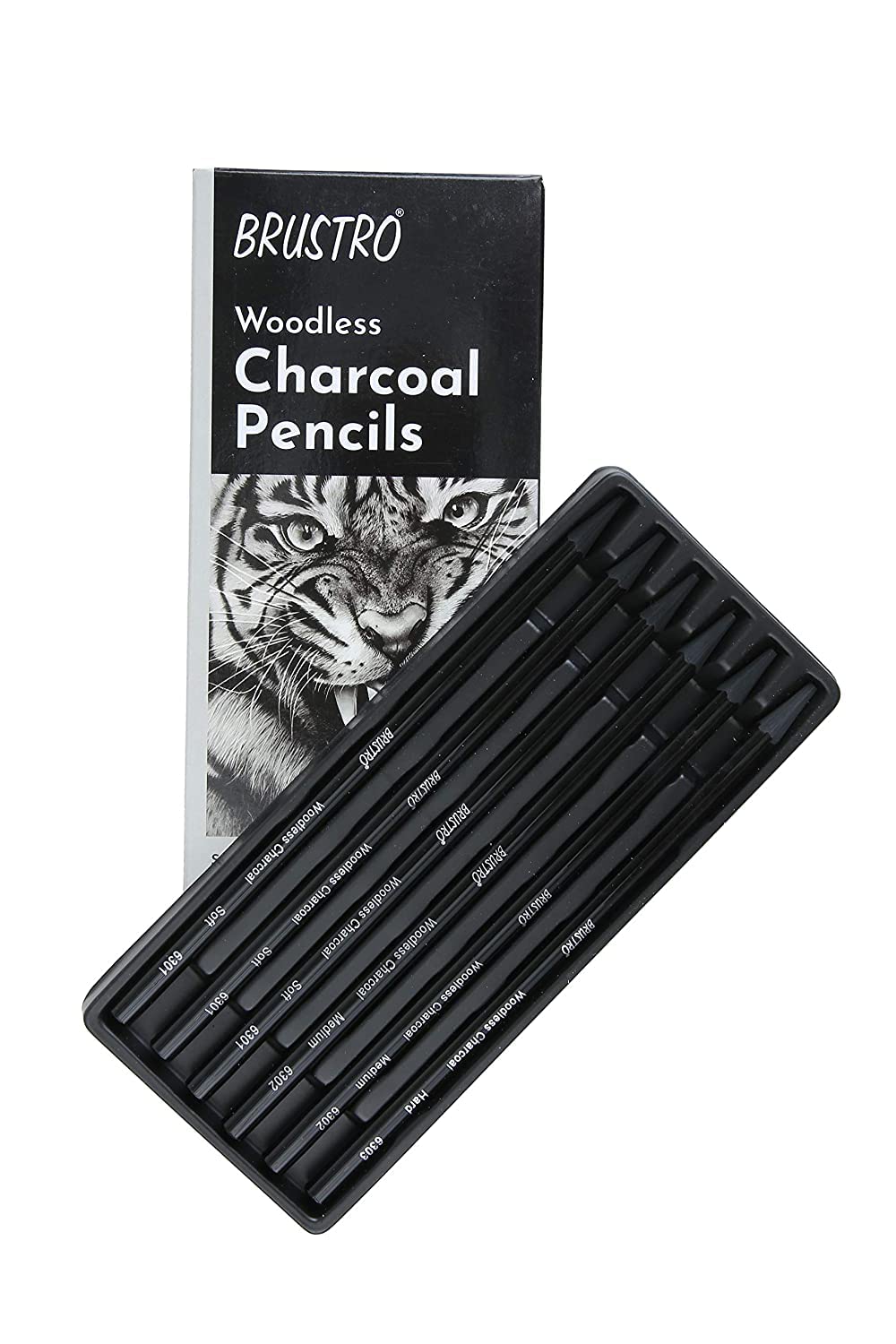 Brustro Woodless Charcoal Pencil Set of 6 (3 Soft, 2 Medium, 1 Hard) with Blending Stump Set and 2 kneadable erasers 2