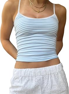 Cioatin Y2K Striped Spaghetti Strap Crop Cami Tank Top - Sleeveless Backless Slim Fit Aesthetic Tops for Teen Girls OOTD